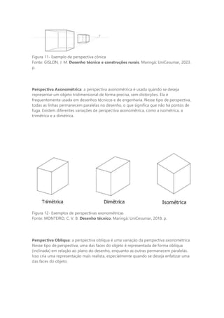 Figura 11- Exemplo de perspectiva cônica
Fonte: GISLON, J. M. Desenho técnico e construções rurais. Maringá: UniCesumar, 2023.
p.
Perspectiva Axonométrica: a perspectiva axonométrica é usada quando se deseja
representar um objeto tridimensional de forma precisa, sem distorções. Ela é
frequentemente usada em desenhos técnicos e de engenharia. Nesse tipo de perspectiva,
todas as linhas permanecem paralelas no desenho, o que significa que não há pontos de
fuga. Existem diferentes variações de perspectiva axonométrica, como a isométrica, a
trimétrica e a dimétrica.
Figura 12- Exemplos de perspectivas axonométricas
Fonte: MONTEIRO, C. V. B. Desenho técnico. Maringá: UniCesumar, 2018. p.
Perspectiva Oblíqua: a perspectiva oblíqua é uma variação da perspectiva axonométrica.
Nesse tipo de perspectiva, uma das faces do objeto é representada de forma oblíqua
(inclinada) em relação ao plano do desenho, enquanto as outras permanecem paralelas.
Isso cria uma representação mais realista, especialmente quando se deseja enfatizar uma
das faces do objeto.
 