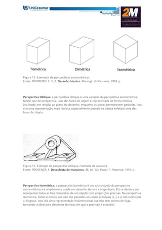 Figura 12- Exemplos de perspectivas axonométricas
Fonte: MONTEIRO, C. V. B. Desenho técnico. Maringá: UniCesumar, 2018. p.
Perspectiva Oblíqua: a perspectiva oblíqua é uma variação da perspectiva axonométrica.
Nesse tipo de perspectiva, uma das faces do objeto é representada de forma oblíqua
(inclinada) em relação ao plano do desenho, enquanto as outras permanecem paralelas. Isso
cria uma representação mais realista, especialmente quando se deseja enfatizar uma das
faces do objeto.
Figura 13- Exemplo de perspectiva oblíqua, chamada de cavaleira
Fonte: PROVENZA, F. Desenhista de máquinas. 46. ed. São Paulo: F. Provenza, 1991. p.
Perspectiva Isométrica: a perspectiva isométrica é um subconjunto da perspectiva
axonométrica e é amplamente usada em desenho técnico e engenharia. Ela se destaca por
representar todas as três dimensões de um objeto com proporções precisas. Na perspectiva
isométrica, todas as linhas que não são paralelas aos eixos principais (x, y e z) são inclinadas
a 30 graus. Isso cria uma representação tridimensional que não tem pontos de fuga,
tornando-a ideal para desenhos técnicos em que a precisão é essencial.
 