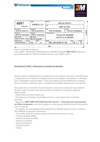 Figura 4- Exemplo de legenda
Fonte: ABNT – ASSOCIAÇÃO BRASILEIRA DE NORMAS TÉCNICAS. NBR 16752: Requisitos
para apresentação em folhas de desenho. Rio de Janeiro: ABNT, 2020. p.
Atividade da ETAPA 1: Montando as Pranchas de Desenho
Quando estamos trabalhando em um departamento de projetos, é de suma importância que
a empresa tenha um leiaute pré-estabelecido para seus projetos. Isso também é conhecido
como “identidade visual do projeto”. É com esse padrão que você identificará os projetos
para seus clientes, mantendo, assim, um padrão de qualidade aceitável para um projetista.
Para aplicarmos os conceitos iniciais de desenho, vamos criar o leiaute da nossa folha de
desenho. Logo, você deve criar duas pranchetas de desenho contendo as seguintes
especificações:
- Utilize folhas de sulfite tamanho A4.
- Uma deverá ser utilizada na orientação vertical e a outra deverá estar na posição
horizontal.
- Seguindo a ABNT NBR 16752:2020 Desenho técnico — Requisitos para apresentação
em folhas de desenho, construa a margem em cada uma das pranchas (uma na horizontal e
outra na vertical).
- Em seguida, crie uma legenda própria (seguindo as especificações da norma), contendo
PELO MENOS as seguintes informações:
-- Proprietário legal e/ou empresa (nome da instituição de ensino e curso).
-- Título da etapa do MAPA.
-- Número da etapa do MAPA.
-- Nome do estudante.
-- Nome da disciplina.
-- Data da emissão.
-- Escala.
 