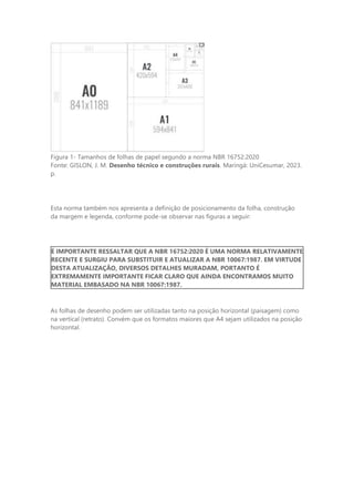 Figura 1- Tamanhos de folhas de papel segundo a norma NBR 16752:2020
Fonte: GISLON, J. M. Desenho técnico e construções rurais. Maringá: UniCesumar, 2023.
p.
Esta norma também nos apresenta a definição de posicionamento da folha, construção
da margem e legenda, conforme pode-se observar nas figuras a seguir:
É IMPORTANTE RESSALTAR QUE A NBR 16752:2020 É UMA NORMA RELATIVAMENTE
RECENTE E SURGIU PARA SUBSTITUIR E ATUALIZAR A NBR 10067:1987. EM VIRTUDE
DESTA ATUALIZAÇÃO, DIVERSOS DETALHES MURADAM, PORTANTO É
EXTREMAMENTE IMPORTANTE FICAR CLARO QUE AINDA ENCONTRAMOS MUITO
MATERIAL EMBASADO NA NBR 10067:1987.
As folhas de desenho podem ser utilizadas tanto na posição horizontal (paisagem) como
na vertical (retrato). Convém que os formatos maiores que A4 sejam utilizados na posição
horizontal.
 