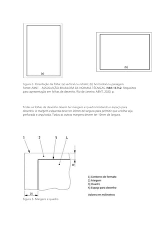 Figura 2- Orientação da folha: (a) vertical ou retrato; (b) horizontal ou paisagem
Fonte: ABNT – ASSOCIAÇÃO BRASILEIRA DE NORMAS TÉCNICAS. NBR 16752: Requisitos
para apresentação em folhas de desenho. Rio de Janeiro: ABNT, 2020. p.
Todas as folhas de desenho devem ter margens e quadro limitando o espaço para
desenho. A margem esquerda deve ter 20mm de largura para permitir que a folha seja
perfurada e arquivada. Todas as outras margens devem ter 10mm de largura.
Figura 3- Margens e quadro
 