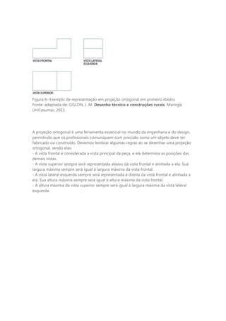 Figura 6- Exemplo de representação em projeção ortogonal em primeiro diedro
Fonte: adaptada de: GISLON, J. M. Desenho técnico e construções rurais. Maringá:
UniCesumar, 2023.
A projeção ortogonal é uma ferramenta essencial no mundo da engenharia e do design,
permitindo que os profissionais comuniquem com precisão como um objeto deve ser
fabricado ou construído. Devemos lembrar algumas regras ao se desenhar uma projeção
ortogonal, sendo elas:
- A vista frontal é considerada a vista principal da peça, e ela determina as posições das
demais vistas.
- A vista superior sempre será representada abaixo da vista frontal e alinhada a ela. Sua
largura máxima sempre será igual à largura máxima da vista frontal.
- A vista lateral esquerda sempre será representada à direita da vista frontal e alinhada a
ela. Sua altura máxima sempre será igual à altura máxima da vista frontal.
- A altura máxima da vista superior sempre será igual à largura máxima da vista lateral
esquerda.
 