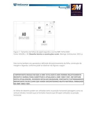 Figura 1- Tamanhos de folhas de papel segundo a norma NBR 16752:2020
Fonte: GISLON, J. M. Desenho técnico e construções rurais. Maringá: UniCesumar, 2023. p.
Esta norma também nos apresenta a definição de posicionamento da folha, construção da
margem e legenda, conforme pode-se observar nas figuras a seguir:
É IMPORTANTE RESSALTAR QUE A NBR 16752:2020 É UMA NORMA RELATIVAMENTE
RECENTE E SURGIU PARA SUBSTITUIR E ATUALIZAR A NBR 10067:1987. EM VIRTUDE
DESTA ATUALIZAÇÃO, DIVERSOS DETALHES MURADAM, PORTANTO É EXTREMAMENTE
IMPORTANTE FICAR CLARO QUE AINDA ENCONTRAMOS MUITO MATERIAL EMBASADO
NA NBR 10067:1987.
As folhas de desenho podem ser utilizadas tanto na posição horizontal (paisagem) como na
vertical (retrato). Convém que os formatos maiores que A4 sejam utilizados na posição
horizontal.
 