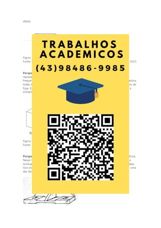 afasta.
Figura 1 - Exemplo de perspectiva cônica
Fonte: GISLON, J. M. Desenho Técnico e Construções Rurais. Indaial: UniCesumar, 2023.
Perspectiva axonométrica: a perspectiva axonométrica é usada quando se deseja
representar um objeto tridimensional de forma precisa, sem distorções. Ela é
frequentemente usada em desenhos técnicos e de engenharia. Nesse tipo de perspectiva,
todas as linhas permanecem paralelas no desenho, o que significa que não há pontos de
fuga. Existem diferentes variações de perspectiva axonométrica, como a isométrica, a
trimétrica e a dimétrica.
Figura 2 - Exemplos de perspectivas axonométricas
Fonte: MONTEIRO, C. V. B. Desenho Técnico. Maringá: UniCesumar, 2018.
Perspectiva oblíqua: a perspectiva oblíqua é uma variação da perspectiva axonométrica.
Nesse tipo de perspectiva, uma das faces do objeto é representada de forma oblíqua
(inclinada) em relação ao plano do desenho, enquanto as outras permanecem paralelas.
Isso cria uma representação mais realista, especialmente quando se deseja enfatizar uma
das faces do objeto.
 