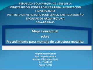 Mapa Conceptual
sobre
Procedimiento para montaje de estructura metálica
Asignatura: Estructura
Prof. Argenis Soteldo
Alumna: Milagro Atacho R.
C.I. 7.400.347
Agosto / 2013
 