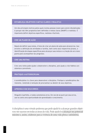 TEMA DE APRENDIZAGEM 8
1
1
4
ESTABELEÇA OBJETIVOS E METAS CLAROS E REALISTAS
Um dos principais motivos pelos quais muitas pessoas lutam para serem disciplinadas
é porque não têm propósitos bem definidos e metas claras (SMART) e realistas. É
importante definir objetivos específicos, realistas e factíveis.
CRIE UM PLANO DE AÇÃO
Depois de definir suas metas, é hora de criar um plano de ação para alcançá-las. Isso
envolve a definição de atividades e tarefas, bem como seus respectivos prazos, a
identificação de etapas específicas para alcançar suas metas e a criação de um crono-
grama para acompanhar seu progresso.
CRIE UMA ROTINA
Criar uma rotina pode ajudar a desenvolver a disciplina, pois ajuda a criar hábitos con-
sistentes e previsíveis.
PRATIQUE A AUTODISCIPLINA
A autodisciplina é a chave para desenvolver a disciplina. Pratique a autodisciplina dia-
riamente, resistindo à tentação de procrastinar ou desistir de seus objetivos.
APRENDA COM SEUS ERROS
Ninguém é perfeito, e todos cometemos erros. Em vez de se punir por seus erros,
use-os como uma oportunidade de aprendizado e crescimento.
A disciplina é uma virtude poderosa que pode ajudá-lo a alcançar grandes objeti-
vos e ter sucesso em todas as áreas da vida. Pode ajudá-lo a alcançar seu potencial
máximo e, assim, colaborar para a vivência de uma vida plena e satisfatória.
 