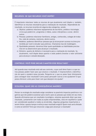 TEMA DE APRENDIZAGEM 2
5
1
RECURSOS: DE QUE RECURSOS VOCÊ DISPÕE?
É importante relacionar todos os recursos de que atualmente você dispõe e, também,
identificar os recursos necessários para a realização do resultado. Dependendo do
resultado, os recursos recairão em alguma das categorias, sendo:
a) Objetos: podemos relacionar equipamentos de escritório, prédios e tecnologia.
Livros que poderá ler, programas e vídeos, aulas e disciplinas a cursar, dentre
outros.
b) Pessoas: podemos relacionar familiares, amigos, conhecidos, colegas de traba-
lho, rede de contatos, mentores, dentre outros.
c) Modelos: podemos identificar pessoas que já alcançaram sucesso na área pre-
tendida por você e estudar suas práticas. Chamamos isso de modelagem.
d) Qualidades pessoais: devemos listar quais qualidades ou habilidades precisa-
mos ter ou desenvolver para alcançar o resultado.
e) Dinheiro: quanto de dinheiro é necessário para a realização do resultado. Se,
atualmente, você dispõe dessa quantia e onde poderia levantar o valor suficiente
para alcançar o estado desejado.
CONTROLE: VOCÊ PODE INICIAR E MANTER ESSE RESULTADO?
Até quando esse resultado está sob seu controle, o que você deve fazer e o que ou-
tras pessoas podem fazer para que alcance o resultado. É imprescindível a identifica-
ção de quem o ajudará nessa jornada. Pergunte-se: o que eu posso fazer diretamente
para conseguir esse resultado? Como posso persuadir outros a me ajudarem? O que
posso oferecer a eles para fazer com que desejem me ajudar?
ECOLOGIA: QUAIS SÃO AS CONSEQUÊNCIAS MAIORES?
Pensar na ecologia do resultado exige considerar os possíveis impactos positivos e ne-
gativos que ele poderá ocasionar para você e para as pessoas que estão em seu meio.
Quando afirmamos que um resultado é ecológico, estamos querendo dizer que esse
resultado, juntamente com todas as ações empreendidas, está em equilíbrio e pode
ser considerado saudável a todos os envolvidos. Algumas perguntas importantes a
serem feitas: quanto tempo e esforço esse resultado exigirá? Quem mais será afetado
e como se sentirá? Terá que renunciar a algo para alcançar o resultado?
 