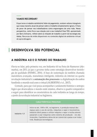 UNICESUMAR
1
1
1
DESENVOLVA SEU POTENCIAL
A INDÚSTRIA 4.0 E O FUTURO DO TRABALHO
Ouviu-se falar, pela primeira vez, em Indústria 4.0 na Feira de Hannover (Ale-
manha), em 2011, já que o governo tinha como estratégia desenvolver tecnolo-
gia de qualidade (FEIMEC, 2016). A base de sustentação da também chamada
manufatura avançada, manufatura inteligente, indústria da internet ou quarta
revolução industrial é a automação dos processos e a digitalização da cadeia
fundindo o mundo real com o virtual (ALBERTINI et al., 2017).
Contudo, para que você possa acompanhar o andamento histórico e antropo-
lógico que desencadeou o mundo onde estamos, observe o quadro comparativo
a seguir para identificar as características de cada indústria ao longo do tempo,
a partir da revolução industrial na Inglaterra.
CARACTERÍSTICAS PRINCIPAIS
Indústria 1.0
Início no séc. XVIII e XIX, na Inglaterra. A produção manual deu
espaço para o uso do carvão, máquinas a vapor e locomotivas.
Indústria têxtil passou a utilizar máquina a vapor e muitos setores
passaram a usar máquinas como sistema de produção – era das
invenções. Capitalismo deixa de ser comercial e passa a ser indus-
trial. Mudanças tecnológicas.
VAMOS RECORDAR?
O que torna o trabalho satisfatório? Além do pagamento, existem valores intangíveis
que nossa maneira atual de pensar sobre o trabalho simplesmente ignora. É hora
de parar de pensar nos trabalhadores como engrenagens de uma roda. Nessa
perspectiva, como fica a sua relação com o seu trabalho? Esse TED, apresentado
por Barry Schwartz, reflete sobre as relações de trabalho a partir da tecnologia das
ideias. Recursos de mídia disponíveis no conteúdo digital do ambiente virtual
de aprendizagem.
 