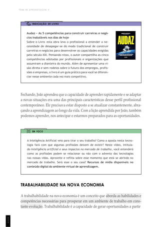TEMA DE APRENDIZAGEM 4
1
1
1
INDICAÇÃO DE LIVRO
Audaz – As 5 competências para construir carreiras e negó-
cios inabaláveis nos dias de hoje
Sobre o Livro: esta obra leva o profissional a entender a ne-
cessidade de desapegar-se do modo tradicional de construir
carreiras e negócios para desenvolver as capacidades exigidas
pelo século XXI. Pensando nisso, o autor compartilha as cinco
competências adotadas por profissionais e organizações que
assumiram a dianteira do mundo. Além de apresentar uma vi-
são direta e sem rodeios sobre o futuro dos empregos, profis-
sões e empresas, o livro é um guia prático para você se diferen-
ciar nesse ambiente cada vez mais competitivo.
Fechando, João aprendeu que a capacidade de aprender rapidamente e se adaptar
a novas situações era uma das principais características desse perfil profissional
contemporâneo. Ele precisava estar disposto a se atualizar constantemente, abra-
çando a aprendizagem ao longo da vida. Com a lição aprendida por João, também
podemos aprender, nos antecipar e estarmos preparados para as oportunidades.
EM FOCO
A Inteligência Artificial veio para tirar o seu trabalho? Como a aposta nesta tecno-
logia fará com que algumas profissões deixem de existir? Neste vídeo, intitula-
do Inteligência artiflcial e seus impactos no mercado de trabalho, você entenderá
como as profissões podem se relacionar ou não com o advento das tecnologias
nas nossas vidas. Aproveite e reflita sobre esse momento que está se abrindo no
mercado de trabalho. Será esse o seu caso? Recursos de mídia disponíveis no
conteúdo digital do ambiente virtual de aprendizagem.
TRABALHABILIDADE NA NOVA ECONOMIA
A trabalhabilidade na nova economia é um conceito que aborda as habilidades e
competências necessárias para prosperar em um ambiente de trabalho em cons-
tante evolução. Trabalhabilidade é a capacidade de gerar oportunidades a partir
 