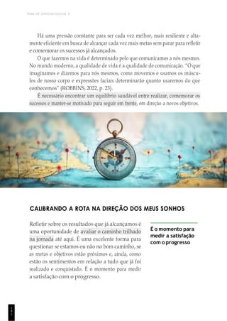 TEMA DE APRENDIZAGEM 9
1
4
1
Há uma pressão constante para ser cada vez melhor, mais resiliente e alta-
mente eficiente em busca de alcançar cada vez mais metas sem parar para refletir
e comemorar os sucessos já alcançados.
O que fazemos na vida é determinado pelo que comunicamos a nós mesmos.
No mundo moderno, a qualidade de vida é a qualidade de comunicação. “O que
imaginamos e dizemos para nós mesmos, como movemos e usamos os múscu-
los de nosso corpo e expressões faciais determinarão quanto usaremos do que
conhecemos” (ROBBINS, 2022, p. 23).
É necessário encontrar um equilíbrio saudável entre realizar, comemorar os
sucessos e manter-se motivado para seguir em frente, em direção a novos objetivos.
CALIBRANDO A ROTA NA DIREÇÃO DOS MEUS SONHOS
Refletir sobre os resultados que já alcançamos é
uma oportunidade de avaliar o caminho trilhado
na jornada até aqui. É uma excelente forma para
questionar se estamos ou não no bom caminho, se
as metas e objetivos estão próximos e, ainda, como
estão os sentimentos em relação a tudo que já foi
realizado e conquistado. É o momento para medir
a satisfação com o progresso.
É o momento para
medir a satisfação
com o progresso
 