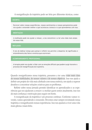 UNICESUMAR
4
1
A ressignificação da trajetória pode ser feita por diferentes técnicas, como:
ESCRITA
Escrever sobre nossas experiências, nossos sentimentos e nossos pensamentos pode
nos ajudar a entender melhor o que aconteceu conosco e o que aprendemos com isso.
MEDITAÇÃO
A meditação pode nos ajudar a relaxar, a nos concentrar e a ter uma visão mais ampla
da nossa vida.
REFLEXÃO
O ato de dedicar tempo para pensar e refletir nos permite o despertar de significados e
entendimento dos fatos e eventos que ocorreram.
ACOMPANHAMENTO PROFISSIONAL
A terapia pode nos ajudar a lidar com as emoções difíceis que podem surgir durante o
processo de ressignificação da trajetória.
Quando ressignificamos nossa trajetória, passamos a ter uma visão mais clara
de nossas habilidades, de nossos valores e de nossos objetivos. Isso nos ajuda a
definir um projeto de vida mais alinhado com nossa essência, nos ajuda a superar
desafios e a encontrar soluções criativas para os problemas.
Refletir sobre nossa jornada permite identificar os aprendizados e as expe-
riências que nos ajudaram a crescer e a moldar quem somos atualmente, isso nos
dá mais confiança e motivação para seguir em frente.
A ressignificação da trajetória é um processo contínuo. Conforme vamos vi-
vendo, vamos aprendendo e crescendo. Devemos estar sempre revisitando nossa
trajetória e ressignificando nossas experiências. Isso nos ajudará a viver uma vida
mais plena e mais feliz.
 