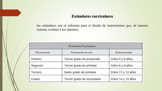 Estándares curriculares
los estándares son el referente para el diseño de instrumentos que, de manera
externa, evalúen a los alumnos.
 