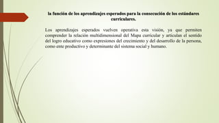 la función de los aprendizajes esperados para la consecución de los estándares
curriculares.
Los aprendizajes esperados vuelven operativa esta visión, ya que permiten
comprender la relación multidimensional del Mapa curricular y articulan el sentido
del logro educativo como expresiones del crecimiento y del desarrollo de la persona,
como ente productivo y determinante del sistema social y humano.
 