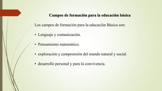 Campos de formación para la educación básica
Los campos de formación para la educación Básica son:
• Lenguaje y comunicación.
• Pensamiento matemático.
• exploración y comprensión del mundo natural y social.
• desarrollo personal y para la convivencia.
 