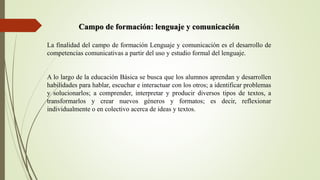 Campo de formación: lenguaje y comunicación
La finalidad del campo de formación Lenguaje y comunicación es el desarrollo de
competencias comunicativas a partir del uso y estudio formal del lenguaje.
A lo largo de la educación Básica se busca que los alumnos aprendan y desarrollen
habilidades para hablar, escuchar e interactuar con los otros; a identificar problemas
y solucionarlos; a comprender, interpretar y producir diversos tipos de textos, a
transformarlos y crear nuevos géneros y formatos; es decir, reflexionar
individualmente o en colectivo acerca de ideas y textos.
 