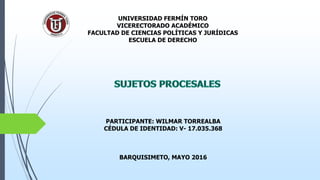 UNIVERSIDAD FERMÍN TORO
VICERECTORADO ACADÉMICO
FACULTAD DE CIENCIAS POLÍTICAS Y JURÍDICAS
ESCUELA DE DERECHO
PARTICIPANTE: WILMAR TORREALBA
CÉDULA DE IDENTIDAD: V- 17.035.368
BARQUISIMETO, MAYO 2016
 