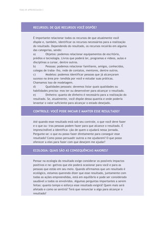 TEMA DE APRENDIZAGEM 2
RECURSOS: DE QUE RECURSOS VOCÊ DISPÕE?
É importante relacionar todos os recursos de que atualmente você
dispõe e, também, identificar os recursos necessários para a realização
do resultado. Dependendo do resultado, os recursos recairão em alguma
das categorias, sendo:
a) Objetos: podemos relacionar equipamentos de escritório,
prédios e tecnologia. Livros que poderá ler, programas e vídeos, aulas e
disciplinas a cursar, dentre outros.
b) Pessoas: podemos relacionar familiares, amigos, conhecidos,
colegas de traba- lho, rede de contatos, mentores, dentre outros.
c) Modelos: podemos identificar pessoas que já alcançaram
sucesso na área pre- tendida por você e estudar suas práticas.
Chamamos isso de modelagem.
d) Qualidades pessoais: devemos listar quais qualidades ou
habilidades precisa- mos ter ou desenvolver para alcançar o resultado.
e) Dinheiro: quanto de dinheiro é necessário para a realização do
resultado. Se, atualmente, você dispõe dessa quantia e onde poderia
levantar o valor suficiente para alcançar o estado desejado.
CONTROLE: VOCÊ PODE INICIAR E MANTER ESSE RESULTADO?
Até quando esse resultado está sob seu controle, o que você deve fazer
e o que ou- tras pessoas podem fazer para que alcance o resultado. É
imprescindível a identifica- ção de quem o ajudará nessa jornada.
Pergunte-se: o que eu posso fazer diretamente para conseguir esse
resultado? Como posso persuadir outros a me ajudarem? O que posso
oferecer a eles para fazer com que desejem me ajudar?
ECOLOGIA: QUAIS SÃO AS CONSEQUÊNCIAS MAIORES?
Pensar na ecologia do resultado exige considerar os possíveis impactos
positivos e ne- gativos que ele poderá ocasionar para você e para as
pessoas que estão em seu meio. Quando afirmamos que um resultado é
ecológico, estamos querendo dizer que esse resultado, juntamente com
todas as ações empreendidas, está em equilíbrio e pode ser considerado
saudável a todos os envolvidos. Algumas perguntas importantes a serem
feitas: quanto tempo e esforço esse resultado exigirá? Quem mais será
afetado e como se sentirá? Terá que renunciar a algo para alcançar o
resultado?
 