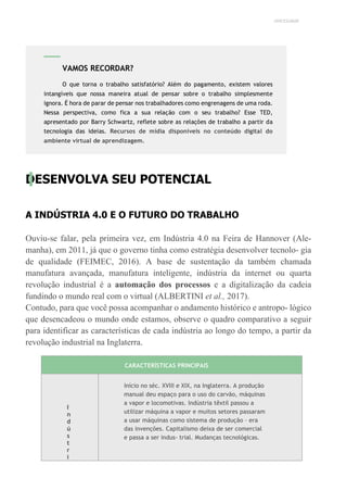 UNICESUMAR
DESENVOLVA SEU POTENCIAL
A INDÚSTRIA 4.0 E O FUTURO DO TRABALHO
Ouviu-se falar, pela primeira vez, em Indústria 4.0 na Feira de Hannover (Ale-
manha), em 2011, já que o governo tinha como estratégia desenvolver tecnolo- gia
de qualidade (FEIMEC, 2016). A base de sustentação da também chamada
manufatura avançada, manufatura inteligente, indústria da internet ou quarta
revolução industrial é a automação dos processos e a digitalização da cadeia
fundindo o mundo real com o virtual (ALBERTINI et al., 2017).
Contudo, para que você possa acompanhar o andamento histórico e antropo- lógico
que desencadeou o mundo onde estamos, observe o quadro comparativo a seguir
para identificar as características de cada indústria ao longo do tempo, a partir da
revolução industrial na Inglaterra.
CARACTERÍSTICAS PRINCIPAIS
I
n
d
ú
s
t
r
i
Início no séc. XVIII e XIX, na Inglaterra. A produção
manual deu espaço para o uso do carvão, máquinas
a vapor e locomotivas. Indústria têxtil passou a
utilizar máquina a vapor e muitos setores passaram
a usar máquinas como sistema de produção – era
das invenções. Capitalismo deixa de ser comercial
e passa a ser indus- trial. Mudanças tecnológicas.
VAMOS RECORDAR?
O que torna o trabalho satisfatório? Além do pagamento, existem valores
intangíveis que nossa maneira atual de pensar sobre o trabalho simplesmente
ignora. É hora de parar de pensar nos trabalhadores como engrenagens de uma roda.
Nessa perspectiva, como fica a sua relação com o seu trabalho? Esse TED,
apresentado por Barry Schwartz, reflete sobre as relações de trabalho a partir da
tecnologia das ideias. Recursos de mídia disponíveis no conteúdo digital do
ambiente virtual de aprendizagem.
 