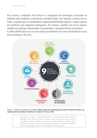 TEMA DE APRENDIZAGEM 4
Em resumo, a Indústria 4.0 refere-se à integração de tecnologias avançadas na
indústria para melhorar a eficiência e produtividade. Isso impacta o futuro do tra-
balho, exigindo que os trabalhadores adquiram habilidades digitais e sejam capazes
de colaborar com máquinas inteligentes. No entanto, também cria novas oportu-
nidades de emprego relacionadas à manutenção e operação dessas tecnologias.
Coelho (2016) descreveu os nove pilares da Indústria 4.0 como facilitadores do uso
das tecnologias. São eles:
Figura 1 – Pilares da Indústria 4.0 / Fonte: https://pollux.com.br/blog/resumo-sobre-industria-4-0-enten- da-
rapidamente-os-conceitos-e-beneficios/. Acesso em: 23 out. 2023.
Descrição da Imagem: a figura organizada em círculos coloca no centro o título da
abordagem: nove pilares do avanço tecnológico. Cada um dos pilares orbita em torno
desse título no centro, também no formato de círculos: Big Data e Analytics, Robôs
autônomos, Simulação, Realidade Aumentada, Integração de Sistemas, Manufatura
Aditiva, Cybersegurança, Nuvem, Internet Industrial. Fim da descrição.
 