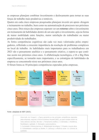 TEMA DE APRENDIZAGEM 4
1
1
as empresas planejam combinar investimento e deslocamento para tornar as suas
forças de trabalho mais produtivas e rentáveis.
Quatro em cada cinco empresas pesquisadas planejam investir em apren- dizagem
e treinamento no trabalho, bem como na automatização de processos nos próximos
cinco anos. Dois terços das empresas esperam ver um retorno sobre o investimento
em treinamento de habilidades dentro de um ano após o investimento, seja na forma
de maior mobilidade entre funções, maior satisfação do trabalhador ou maior
produtividade do trabalhador.
As fortes competências cognitivas são cada vez mais valorizadas pelos empre-
gadores, refletindo a crescente importância da resolução de problemas complexos
no local de trabalho. As habilidades mais importantes para os trabalhadores em
2023 são o pensamento analítico e o pensamento criativo, e espera-se que conti-
nue assim nos próximos cinco anos. A alfabetização tecnológica, e IA e Big Data
especificamente, se tornarão mais importantes, e as estratégias de habilidades da
empresa se concentrarão nisso nos próximos cinco anos.
O fórum listou as 10 principais competências esperadas pelas empresas.
Fonte: adaptada de WEF (2023).
Descrição da Imagem: a figura apresenta as dez principais competências esperadas
pelas empresas, segundo o Fórum Econômico Mundial (WEF), as quais constam dentro de
notas adesivas coloridas. São elas: 1. Pensamento analítico. 2. Criatividade. 3. Resiliência,
flexibilidade e agilidade. 4. Motivação e autoconsciência.
5. Curiosidade e lifelong learning. 6. Alfabetização tecnológica. 7. Empatia e escuta ativa.
8. Confiabilidade e atenção ao detalhe. 9. Liderança e influência social. 10. Controle de
qualidade.
1.
Pensament
o analítico
2.
Criatividade
3.
Resiliência,
flexibilidade e
agilidade
4.
Motivação
e auto-
consciência
5.
Curiosidade e
lifelong
learning
6.
Alfabetização
tecnológica
7.
Empatia e
escuta ativa
8.
Confiabilidade
e atenção ao
detalhe
9
.
Liderança e
influência
social
10.
Controle
de
qualidade
 