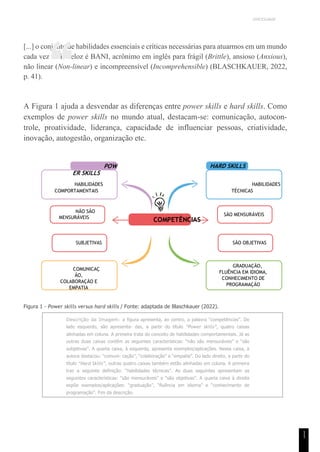 UNICESUMAR
1
1
[...] o conjunto de habilidades essenciais e críticas necessárias para atuarmos em um mundo
cada vez mais veloz é BANI, acrônimo em inglês para frágil (Brittle), ansioso (Anxious),
não linear (Non-linear) e incompreensível (Incomprehensible) (BLASCHKAUER, 2022,
p. 41).
A Figura 1 ajuda a desvendar as diferenças entre power skills e hard skills. Como
exemplos de power skills no mundo atual, destacam-se: comunicação, autocon-
trole, proatividade, liderança, capacidade de influenciar pessoas, criatividade,
inovação, autogestão, organização etc.
Figura 1 - Power skills versus hard skills / Fonte: adaptada de Blaschkauer (2022).
Descrição da Imagem: a figura apresenta, ao centro, a palavra “competências”. Do
lado esquerdo, são apresenta- das, a partir do título “Power skills”, quatro caixas
alinhadas em coluna. A primeira trata do conceito de habilidades comportamentais. Já as
outras duas caixas contêm as seguintes características: “não são mensuráveis” e “são
subjetivas”. A quarta caixa, à esquerda, apresenta exemplos/aplicações. Nessa caixa, a
autora destacou: “comuni- cação”, “colaboração” e “empatia”. Do lado direito, a partir do
título “Hard Skills”, outras quatro caixas também estão alinhadas em coluna. A primeira
traz a seguinte definição: “habilidades técnicas”. As duas seguintes apresentam as
seguintes características: “são mensuráveis” e “são objetivas”. A quarta caixa à direita
expõe exemplos/aplicações: “graduação”, “fluência em idioma” e “conhecimento de
programação”. Fim da descrição.
COMPETÊNCIAS
“
NÃO SÃO
MENSURÁVEIS
SÃO MENSURÁVEIS
POW
ER SKILLS
HABILIDADES
COMPORTAMENTAIS
HARD SKILLS
HABILIDADES
TÉCNICAS
SUBJETIVAS
COMUNICAÇ
ÃO,
COLABORAÇÃO E
EMPATIA
SÃO OBJETIVAS
GRADUAÇÃO,
FLUÊNCIA EM IDIOMA,
CONHECIMENTO DE
PROGRAMAÇÃO
 