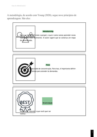 TEMA DE APRENDIZAGEM 5
1
1
A metodologia, de acordo com Young (2020), segue nove princípios de
aprendizagem. São eles:
Metalearning
Deve-se iniciar definindo o porquê, o que e como vamos aprender novas
habilidades mais facilmente. O autor sugere que se construa um mapa
de aprendizado.
Foco
Mantenha a capacidade de concentração. Para isso, é importante definir
uma gestão do tempo para atender às demandas.
BEST Diretividade
Na prática, fazendo o que você quer ser
melhor.
 