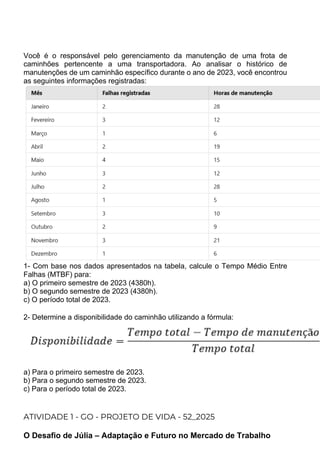 Você é o responsável pelo gerenciamento da manutenção de uma frota de
caminhões pertencente a uma transportadora. Ao analisar o histórico de
manutenções de um caminhão específico durante o ano de 2023, você encontrou
as seguintes informações registradas:
1- Com base nos dados apresentados na tabela, calcule o Tempo Médio Entre
Falhas (MTBF) para:
a) O primeiro semestre de 2023 (4380h).
b) O segundo semestre de 2023 (4380h).
c) O período total de 2023.
2- Determine a disponibilidade do caminhão utilizando a fórmula:
a) Para o primeiro semestre de 2023.
b) Para o segundo semestre de 2023.
c) Para o período total de 2023.
ATIVIDADE 1 - GO - PROJETO DE VIDA - 52_2025
O Desafio de Júlia – Adaptação e Futuro no Mercado de Trabalho
 