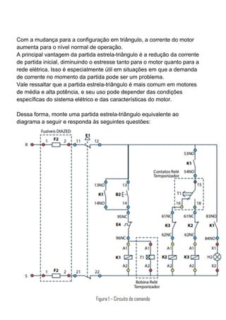 Com a mudança para a configuração em triângulo, a corrente do motor
aumenta para o nível normal de operação.
A principal vantagem da partida estrela-triângulo é a redução da corrente
de partida inicial, diminuindo o estresse tanto para o motor quanto para a
rede elétrica. Isso é especialmente útil em situações em que a demanda
de corrente no momento da partida pode ser um problema.
Vale ressaltar que a partida estrela-triângulo é mais comum em motores
de média e alta potência, e seu uso pode depender das condições
específicas do sistema elétrico e das características do motor.
Dessa forma, monte uma partida estrela-triângulo equivalente ao
diagrama a seguir e responda às seguintes questões:
 