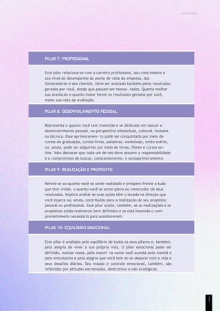 UNICESUMAR
PILAR 7: PROFISSIONAL
Este pilar relaciona-se com a carreira profissional, seu crescimento e
seu nível de desempenho do ponto de vista da empresa, dos
fornecedores e dos clientes. Deve ser avaliado também pelos resultados
gerados por você, desde que possam ser mensu- rados. Quanto melhor
sua avaliação e quanto maior forem os resultados gerados por você,
maior sua nota de avaliação.
PILAR 8: DESENVOLVIMENTO PESSOAL
Representa o quanto você tem investido e se dedicado em buscar o
desenvolvimento pessoal, na perspectiva intelectual, cultural, humana
ou técnica. Esse aprimoramen- to pode ser conquistado por meio de
cursos de graduação, cursos livres, palestras, workshops, entre outros,
ou, ainda, pode ser adquirido por meio de livros, filmes e cursos on-
line. Vale destacar que cada um de nós deve assumir a responsabilidade
e o compromisso de buscar, constantemente, o autoaprimoramento.
PILAR 9: REALIZAÇÃO E PROPÓSITO
Refere-se ao quanto você se sente realizado e próspero frente a tudo
que tem vivido, o quanto você se sente pleno ou merecedor de seus
resultados. Implica avaliar se suas ações têm o levado na direção que
você espera ou, ainda, contribuído para a realização de seu propósito
pessoal ou profissional. Esse pilar avalia, também, se as realizações e os
propósitos estão realmente bem definidos e se está havendo o com-
prometimento necessário para acontecerem.
PILAR 10: EQUILÍBRIO EMOCIONAL
Este pilar é avaliado pelo equilíbrio de todos os seus pilares e, também,
pela alegria de viver a sua própria vida. O pilar emocional pode ser
definido, muitas vezes, pela manei- ra como você acorda pela manhã e
pelo entusiasmo e pela alegria que você tem ao se deparar com a vida e
seus desafios diários. Seu estado e controle emocional, também, são
refletidos por atitudes extremadas, destrutivas e não ecológicas.
1
1
 