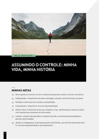 ASSUMINDO O CONTROLE: MINHA
VIDA, MINHA HISTÓRIA
T EMA DE A P R E N D I Z A GEM 1
MINHAS METAS
Ativar gatilhos e conectar-se com a trajetória pessoal para elevar o nível de consciência.
Compreender a importância do plano estratégico pessoal como ferramenta de apoio.
Distinguir a diferença entre sucesso e prosperidade.
Compreender a importância da autorresponsabilidade.
Refletir sobre as diferentes áreas que compõem a vida, identificando as áreas em poten-
cial e aquelas que necessitam de intervenção.
Analisar o impacto das decisões na trajetória de vida, reconhecendo aprendizados e
gerando oportunidades.
Assumir o protagonismo na jornada pessoal e profissional, por meio do autoconhecimen-
to, da autorresponsabilidade e da autodisciplina.
8
 
