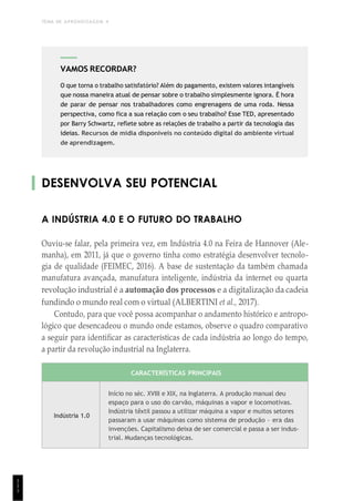 TEMA DE APRENDIZAGEM 4
1
1
1
DESENVOLVA SEU POTENCIAL
A INDÚSTRIA 4.0 E O FUTURO DO TRABALHO
Ouviu-se falar, pela primeira vez, em Indústria 4.0 na Feira de Hannover (Ale-
manha), em 2011, já que o governo tinha como estratégia desenvolver tecnolo-
gia de qualidade (FEIMEC, 2016). A base de sustentação da também chamada
manufatura avançada, manufatura inteligente, indústria da internet ou quarta
revolução industrial é a automação dos processos e a digitalização da cadeia
fundindo o mundo real com o virtual (ALBERTINI et al., 2017).
Contudo, para que você possa acompanhar o andamento histórico e antropo-
lógico que desencadeou o mundo onde estamos, observe o quadro comparativo
a seguir para identificar as características de cada indústria ao longo do tempo,
a partir da revolução industrial na Inglaterra.
CARACTERÍSTICAS PRINCIPAIS
Indústria 1.0
Início no séc. XVIII e XIX, na Inglaterra. A produção manual deu
espaço para o uso do carvão, máquinas a vapor e locomotivas.
Indústria têxtil passou a utilizar máquina a vapor e muitos setores
passaram a usar máquinas como sistema de produção – era das
invenções. Capitalismo deixa de ser comercial e passa a ser indus-
trial. Mudanças tecnológicas.
VAMOS RECORDAR?
O que torna o trabalho satisfatório? Além do pagamento, existem valores intangíveis
que nossa maneira atual de pensar sobre o trabalho simplesmente ignora. É hora
de parar de pensar nos trabalhadores como engrenagens de uma roda. Nessa
perspectiva, como fica a sua relação com o seu trabalho? Esse TED, apresentado
por Barry Schwartz, reflete sobre as relações de trabalho a partir da tecnologia das
ideias. Recursos de mídia disponíveis no conteúdo digital do ambiente virtual
de aprendizagem.
 