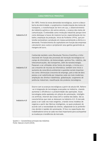 UNICESUMAR
1
1
1
CARACTERÍSTICAS PRINCIPAIS
Indústria 2.0
Em 1870, frente às novas demandas tecnológicas, ocorre a desco-
berta da eletricidade, o surgimento e modernização dos meios de
transporte, a transformação do ferro em aço, o desenvolvimento
da indústria química e de outros setores, o avanço dos meios de
comunicação. É entendida como revolução industrial porque teve
como destaque a busca de maiores lucros; especialização do tra-
balho; ampliação da produção. Início do Fordismo (1914), que pre-
tendia racionalizar a produção em massa aumentando a oferta e a
demanda. Fortalecimento do capitalismo em função das empresas
calcularem seus custos e projetarem seus ganhos garantindo as
margens de lucro.
Indústria 3.0
Conhecida também como Revolução Técnico-Científica e Infor-
macional em função dos processos de inovação tecnológicos no
campo da informática, da biotecnologia, química fina, robótica, das
telecomunicações, dos transportes, além da nanotecnologia.
Passaram a ser utilizadas várias fontes de energia, e iniciou-se o
uso crescente de recursos da informática; também teve início o
aumento da consciência ambiental e questões sociais importan-
tes como: diminuição crescente do emprego, pois a mão de obra
passou a ser substituída por máquinas cada vez mais modernas;
ampliação dos direitos trabalhistas; globalização; surgimento de
potências industriais; massificação dos produtos tecnológicos.
Indústria 4.0
Ocorre com os avanços tecnológicos a partir do século XXI. Refere-
-se à integração de tecnologias avançadas na indústria, visando
aumentar a eficiência e a produtividade das operações. Essas
tecnologias estão apoiadas em pilares de automação, inteligên-
cia artificial, Internet das Coisas (IoT) e análise dos dados. São as
características que mais se destacam na Indústria 4.0. O mercado
passa a ser cada vez mais exigente, criando novos modelos de
negócios a partir das fábricas inteligentes, as quais produzem de
acordo com a necessidade do cliente, adaptando-se às preferên-
cias devido à rapidez de automação. O foco na capacitação dos
trabalhadores torna-se cada vez mais importante para acompanhar
as mudanças e tendências de mercado.
Quadro 1 – Características principais das indústrias
Fonte: Sakurai e Zuchi (2018).
 