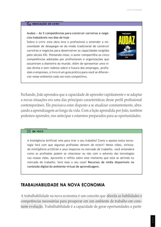 UNICESUMAR
1
1
1
INDICAÇÃO DE LIVRO
Audaz – As 5 competências para construir carreiras e negó-
cios inabaláveis nos dias de hoje
Sobre o Livro: esta obra leva o profissional a entender a ne-
cessidade de desapegar-se do modo tradicional de construir
carreiras e negócios para desenvolver as capacidades exigidas
pelo século XXI. Pensando nisso, o autor compartilha as cinco
competências adotadas por profissionais e organizações que
assumiram a dianteira do mundo. Além de apresentar uma vi-
são direta e sem rodeios sobre o futuro dos empregos, profis-
sões e empresas, o livro é um guia prático para você se diferen-
ciar nesse ambiente cada vez mais competitivo.
Fechando, João aprendeu que a capacidade de aprender rapidamente e se adaptar
a novas situações era uma das principais características desse perfil profissional
contemporâneo. Ele precisava estar disposto a se atualizar constantemente, abra-
çando a aprendizagem ao longo da vida. Com a lição aprendida por João, também
podemos aprender, nos antecipar e estarmos preparados para as oportunidades.
EM FOCO
A Inteligência Artificial veio para tirar o seu trabalho? Como a aposta nesta tecno-
logia fará com que algumas profissões deixem de existir? Neste vídeo, intitula-
do Inteligência artiflcial e seus impactos no mercado de trabalho, você entenderá
como as profissões podem se relacionar ou não com o advento das tecnologias
nas nossas vidas. Aproveite e reflita sobre esse momento que está se abrindo no
mercado de trabalho. Será esse o seu caso? Recursos de mídia disponíveis no
conteúdo digital do ambiente virtual de aprendizagem.
TRABALHABILIDADE NA NOVA ECONOMIA
A trabalhabilidade na nova economia é um conceito que aborda as habilidades e
competências necessárias para prosperar em um ambiente de trabalho em cons-
tante evolução. Trabalhabilidade é a capacidade de gerar oportunidades a partir
 