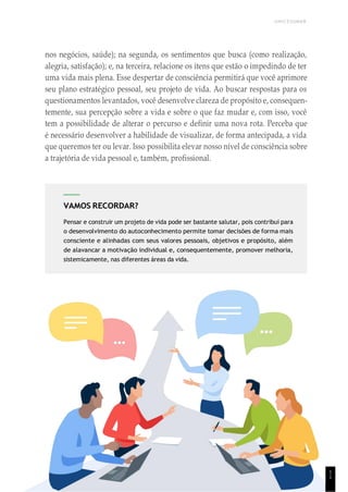UNICESUMAR
VAMOS RECORDAR?
Pensar e construir um projeto de vida pode ser bastante salutar, pois contribui para
o desenvolvimento do autoconhecimento permite tomar decisões de forma mais
consciente e alinhadas com seus valores pessoais, objetivos e propósito, além
de alavancar a motivação individual e, consequentemente, promover melhoria,
sistemicamente, nas diferentes áreas da vida.
nos negócios, saúde); na segunda, os sentimentos que busca (como realização,
alegria, satisfação); e, na terceira, relacione os itens que estão o impedindo de ter
uma vida mais plena. Esse despertar de consciência permitirá que você aprimore
seu plano estratégico pessoal, seu projeto de vida. Ao buscar respostas para os
questionamentos levantados, você desenvolve clareza de propósito e, consequen-
temente, sua percepção sobre a vida e sobre o que faz mudar e, com isso, você
tem a possibilidade de alterar o percurso e definir uma nova rota. Perceba que
é necessário desenvolver a habilidade de visualizar, de forma antecipada, a vida
que queremos ter ou levar. Isso possibilita elevar nosso nível de consciência sobre
a trajetória de vida pessoal e, também, profissional.
1
1
 
