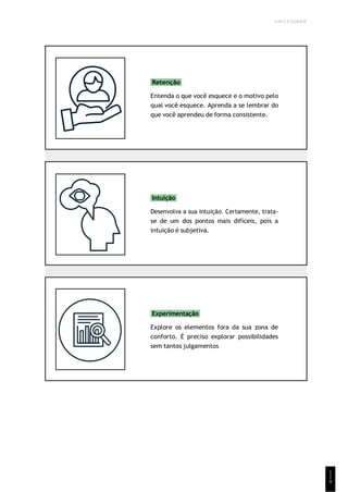 UNICESUMAR
1
1
9
Retenção
Entenda o que você esquece e o motivo pelo
qual você esquece. Aprenda a se lembrar do
que você aprendeu de forma consistente.
Intuição
Desenvolva a sua intuição. Certamente, trata-
se de um dos pontos mais difíceis, pois a
intuição é subjetiva.
Experimentação
Explore os elementos fora da sua zona de
conforto. É preciso explorar possibilidades
sem tantos julgamentos
 