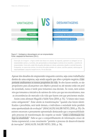 TEMA DE APRENDIZAGEM 5
1
4
1
Figura 3 - Vantagens e desvantagens em ser empreendedor
Fonte: adaptada de Maximiano (2011).
Descrição da Imagem: a figura contém dois blocos em colunas. Na esquerda, aparecem as vantagens em ser
empreendedor (prós) e, na direita, são apresentadas as desvantagens (contras) de se escolher o caminho do
empreendedor. Como prós, estão três situações alinhadas em coluna: autonomia, desafio e controle financeiro.
À esquerda, na coluna dos contras, há outras três ações também em coluna: sacrifício pessoal, sobrecarga de
responsabilidades e pequena margem de erro. Fim da descrição.
Apesar dos desafios de empreender enquanto carreira, seja como trabalhador
dentro de uma empresa, seja sendo aquele que abre o próprio negócio, é im-
portante analisarmos os nossos propósitos de vida. Se eles fazem sentido, se são
propulsores para alcançarmos um objetivo pessoal ou até mesmo estão em prol
da sociedade, nunca é tarde para tomarmos essa decisão. Às vezes, nem somos
nós que tomamos a iniciativa de sairmos do status quo que nos encontramos, mas
as circunstâncias do mercado e da vida que fazem com que precisemos mudar.
Assim como afirmam Magaldi e Salibi Neto (2018, p. 51), “o futuro não é mais
como antigamente”. Estar atento às transformações “quando elas forem identi-
ficadas e percebidas, será tarde demais, e indivíduos e sociedade terão perdido
uma oportunidade de evolução” (MAGALDI; SALIBI NETO, 2018, p. 55). Os
autores encerram o pensamento apresentado destacando que a responsabilidade
pelo processo de transformação diz respeito ao modo “como a informação tra-
fega na atualidade”. Sabe-se que o compartilhamento de informações cresce de
forma exponencial, e esse crescimento “permite o processo de desenvolvimento
de inovações” (MAGALDI; SALIBI NETO, 2018, p. 56).
DESVANTAGENS
Sacrifício pessoal
Sobrecarga de responsabilidades
Pequena margem de erro
VANTAGENS
Autonomia
Desafio
Independência financeira
 