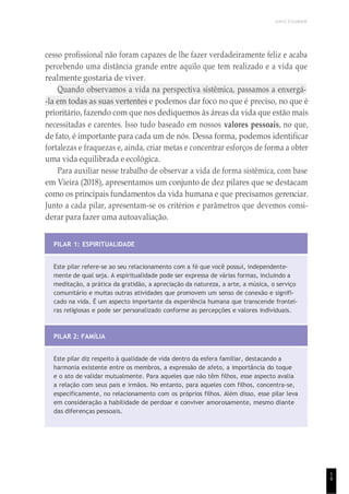 UNICESUMAR
cesso profissional não foram capazes de lhe fazer verdadeiramente feliz e acaba
percebendo uma distância grande entre aquilo que tem realizado e a vida que
realmente gostaria de viver.
Quando observamos a vida na perspectiva sistêmica, passamos a enxergá-
-la em todas as suas vertentes e podemos dar foco no que é preciso, no que é
prioritário, fazendo com que nos dediquemos às áreas da vida que estão mais
necessitadas e carentes. Isso tudo baseado em nossos valores pessoais, no que,
de fato, é importante para cada um de nós. Dessa forma, podemos identificar
fortalezas e fraquezas e, ainda, criar metas e concentrar esforços de forma a obter
uma vida equilibrada e ecológica.
Para auxiliar nesse trabalho de observar a vida de forma sistêmica, com base
em Vieira (2018), apresentamos um conjunto de dez pilares que se destacam
como os principais fundamentos da vida humana e que precisamos gerenciar.
Junto a cada pilar, apresentam-se os critérios e parâmetros que devemos consi-
derar para fazer uma autoavaliação.
PILAR 1: ESPIRITUALIDADE
Este pilar refere-se ao seu relacionamento com a fé que você possui, independente-
mente de qual seja. A espiritualidade pode ser expressa de várias formas, incluindo a
meditação, a prática da gratidão, a apreciação da natureza, a arte, a música, o serviço
comunitário e muitas outras atividades que promovem um senso de conexão e signifi-
cado na vida. É um aspecto importante da experiência humana que transcende frontei-
ras religiosas e pode ser personalizado conforme as percepções e valores individuais.
PILAR 2: FAMÍLIA
Este pilar diz respeito à qualidade de vida dentro da esfera familiar, destacando a
harmonia existente entre os membros, a expressão de afeto, a importância do toque
e o ato de validar mutualmente. Para aqueles que não têm filhos, esse aspecto avalia
a relação com seus pais e irmãos. No entanto, para aqueles com filhos, concentra-se,
especificamente, no relacionamento com os próprios filhos. Além disso, esse pilar leva
em consideração a habilidade de perdoar e conviver amorosamente, mesmo diante
das diferenças pessoais.
1
9
 