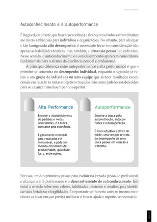 UNICESUMAR
1
1
9
Autoconhecimento e a autoperformance
Éinegável,estudante,quebuscaraexcelênciaealcançarresultadosextraordinários
são metas ambiciosas para indivíduos e organizações. No entanto, para alcançar
o tão famigerado alto desempenho, é necessário levar em consideração não
apenas as habilidades técnicas, mas, também, a dimensão pessoal do indivíduo.
Nesse sentido, o autoconhecimento e o autodesempenho aparecem como fatores
fundamentais para o alcance da excelência pessoal e profissional.
A principal diferença entre autoperformance e alta performance é que o
primeiro se concentra no desempenho individual, enquanto o segundo se re-
fere a um grupo de indivíduos ou uma equipe que alcança resultados excep-
cionais em relação às metas e objetivos traçados. São como padrões estabelecidos
para se alcançar um desempenho superior.
Alta Performance
Envolve o estabelecimento
de padrões e metas
desafiadoras, e a busca
constante pela excelência.
É geralmente orientada
para resultados e é
mensurável, e pode ser
medida em termos de
produtividade, qualidade,
lucro, entre outros.
Autoperformance
Envolve a busca pela
automotivação, autocon-
fiança e autossuperação.
É mais subjetiva e difícil de
medir, uma vez que se trata
do desempenho de uma
única pessoa em relação a
si mesma.
Por isso, um dos primeiros passos para evoluir na jornada pessoal e profissional
e alcançar a alta performance é o desenvolvimento do autoconhecimento. Isso
inclui a reflexão sobre seus valores, habilidades, interesses e desafios, para identifi-
car suas fortalezas e fragilidades. É importante ser honesto consigo mesmo, reco-
nhecer as áreas em que precisa melhorar e buscar ajuda e suporte, se necessário.
 