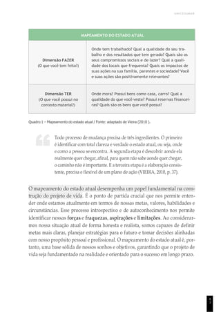 UNICESUMAR
4
1
“
MAPEAMENTO DO ESTADO ATUAL
Dimensão FAZER
(O que você tem feito?)
Onde tem trabalhado? Qual a qualidade do seu tra-
balho e dos resultados que tem gerado? Quais são os
seus compromissos sociais e de lazer? Qual a quali-
dade dos locais que frequenta? Quais os impactos de
suas ações na sua família, parentes e sociedade? Você
e suas ações são positivamente relevantes?
Dimensão TER
(O que você possui no
contexto material?)
Onde mora? Possui bens como casa, carro? Qual a
qualidade do que você veste? Possui reservas financei-
ras? Quais são os bens que você possui?
Quadro 1 – Mapeamento do estado atual / Fonte: adaptado de Vieira (2010 ).
Todo processo de mudança precisa de três ingredientes. O primeiro
é identificar com total clareza e verdade o estado atual, ou seja, onde
e como a pessoa se encontra. A segunda etapa é descobrir aonde ela
realmente quer chegar, afinal, para quem não sabe aondequer chegar,
o caminho não é importante. E a terceira etapa é a elaboração consis-
tente, precisa e flexível de um plano de ação (VIEIRA, 2010, p. 37).
O mapeamento do estado atual desempenha um papel fundamental na cons-
trução do projeto de vida. É o ponto de partida crucial que nos permite enten-
der onde estamos atualmente em termos de nossas metas, valores, habilidades e
circunstâncias. Esse processo introspectivo e de autoconhecimento nos permite
identificar nossas forças e fraquezas, aspirações e limitações. Ao considerar-
mos nossa situação atual de forma honesta e realista, somos capazes de definir
metas mais claras, planejar estratégias para o futuro e tomar decisões alinhadas
com nosso propósito pessoal e profissional. O mapeamento do estado atual é, por-
tanto, uma base sólida de nossos sonhos e objetivos, garantindo que o projeto de
vida seja fundamentado na realidade e orientado para o sucesso em longo prazo.
 