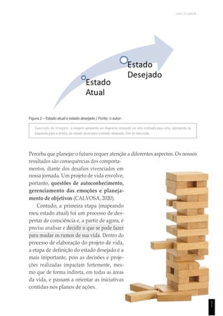 UNICESUMAR
5
1
Figura 2 – Estado atual e estado desejado / Fonte: o autor.
Descrição da Imagem: a imagem apresenta um diagrama contendo um seta inclinada para cima, apontando da
esquerda para a direita, do estado atual para o estado desejado. Fim da descrição.
Perceba que planejar o futuro requer atenção a diferentes aspectos. Os nossos
resultados são consequências dos comporta-
mentos, diante dos desafios vivenciados em
nossa jornada. Um projeto de vida envolve,
portanto, questões de autoconhecimento,
gerenciamento das emoções e planeja-
mento de objetivos (CALVOSA, 2020).
Contudo, a primeira etapa (mapeando
meu estado atual) foi um processo de des-
pertar de consciência e, a partir de agora, é
preciso analisar e decidir o que se pode fazer
para mudar os rumos de sua vida. Dentro do
processo de elaboração do projeto de vida,
a etapa de definição do estado desejado é a
mais importante, pois as decisões e proje-
ções realizadas impactam fortemente, mes-
mo que de forma indireta, em todas as áreas
da vida, e passam a orientar as iniciativas
contidas nos planos de ações.
 