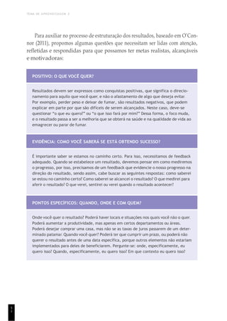 TEMA DE APRENDIZAGEM 2
5
1
Para auxiliar no processo de estruturação dos resultados, baseado em O’Con-
nor (2011), propomos algumas questões que necessitam ser lidas com atenção,
refletidas e respondidas para que possamos ter metas realistas, alcançáveis
e motivadoras:
POSITIVO: O QUE VOCÊ QUER?
Resultados devem ser expressos como conquistas positivas, que significa o direcio-
namento para aquilo que você quer, e não o afastamento de algo que deseja evitar.
Por exemplo, perder peso e deixar de fumar, são resultados negativos, que podem
explicar em parte por que são difíceis de serem alcançados. Neste caso, deve-se
questionar “o que eu quero?” ou “o que isso fará por mim?” Dessa forma, o foco muda,
e o resultado passa a ser a melhoria que se obterá na saúde e na qualidade de vida ao
emagrecer ou parar de fumar.
EVIDÊNCIA: COMO VOCÊ SABERÁ SE ESTÁ OBTENDO SUCESSO?
É importante saber se estamos no caminho certo. Para isso, necessitamos de feedback
adequado. Quando se estabelece um resultado, devemos pensar em como mediremos
o progresso, por isso, precisamos de um feedback que evidencie o nosso progresso na
direção do resultado, sendo assim, cabe buscar as seguintes respostas: como saberei
se estou no caminho certo? Como saberei se alcancei o resultado? O que medirei para
aferir o resultado? O que verei, sentirei ou verei quando o resultado acontecer?
PONTOS ESPECÍFICOS: QUANDO, ONDE E COM QUEM?
Onde você quer o resultado? Poderá haver locais e situações nos quais você não o quer.
Poderá aumentar a produtividade, mas apenas em certos departamentos ou áreas.
Poderá desejar comprar uma casa, mas não se as taxas de juros passarem de um deter-
minado patamar. Quando você quer? Poderá ter que cumprir um prazo, ou poderá não
querer o resultado antes de uma data específica, porque outros elementos não estariam
implementados para deles de beneficiarem. Pergunte-se: onde, especificamente, eu
quero isso? Quando, especificamente, eu quero isso? Em que contexto eu quero isso?
 