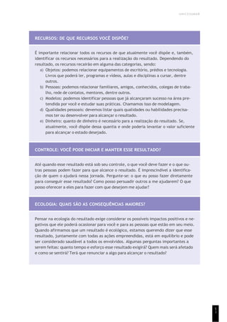 UNICESUMAR
5
1
RECURSOS: DE QUE RECURSOS VOCÊ DISPÕE?
É importante relacionar todos os recursos de que atualmente você dispõe e, também,
identificar os recursos necessários para a realização do resultado. Dependendo do
resultado, os recursos recairão em alguma das categorias, sendo:
a) Objetos: podemos relacionar equipamentos de escritório, prédios e tecnologia.
Livros que poderá ler, programas e vídeos, aulas e disciplinas a cursar, dentre
outros.
b) Pessoas: podemos relacionar familiares, amigos, conhecidos, colegas de traba-
lho, rede de contatos, mentores, dentre outros.
c) Modelos: podemos identificar pessoas que já alcançaram sucesso na área pre-
tendida por você e estudar suas práticas. Chamamos isso de modelagem.
d) Qualidades pessoais: devemos listar quais qualidades ou habilidades precisa-
mos ter ou desenvolver para alcançar o resultado.
e) Dinheiro: quanto de dinheiro é necessário para a realização do resultado. Se,
atualmente, você dispõe dessa quantia e onde poderia levantar o valor suficiente
para alcançar o estado desejado.
CONTROLE: VOCÊ PODE INICIAR E MANTER ESSE RESULTADO?
Até quando esse resultado está sob seu controle, o que você deve fazer e o que ou-
tras pessoas podem fazer para que alcance o resultado. É imprescindível a identifica-
ção de quem o ajudará nessa jornada. Pergunte-se: o que eu posso fazer diretamente
para conseguir esse resultado? Como posso persuadir outros a me ajudarem? O que
posso oferecer a eles para fazer com que desejem me ajudar?
ECOLOGIA: QUAIS SÃO AS CONSEQUÊNCIAS MAIORES?
Pensar na ecologia do resultado exige considerar os possíveis impactos positivos e ne-
gativos que ele poderá ocasionar para você e para as pessoas que estão em seu meio.
Quando afirmamos que um resultado é ecológico, estamos querendo dizer que esse
resultado, juntamente com todas as ações empreendidas, está em equilíbrio e pode
ser considerado saudável a todos os envolvidos. Algumas perguntas importantes a
serem feitas: quanto tempo e esforço esse resultado exigirá? Quem mais será afetado
e como se sentirá? Terá que renunciar a algo para alcançar o resultado?
 