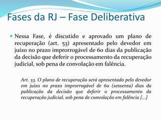 Fases da RJ – Fase Deliberativa
 Nessa Fase, é discutido e aprovado um plano de
recuperação (art. 53) apresentado pelo devedor em
juízo no prazo improrrogável de 60 dias da publicação
da decisão que deferir o processamento da recuperação
judicial, sob pena de convolação em falência.
Art. 53. O plano de recuperação será apresentado pelo devedor
em juízo no prazo improrrogável de 60 (sessenta) dias da
publicação da decisão que deferir o processamento da
recuperação judicial, sob pena de convolação em falência [...]
 