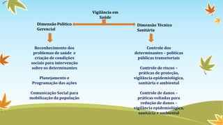 Vigilância em
Saúde
Dimensão Político
Gerencial

Reconhecimento dos
problemas de saúde e
criação de condições
sociais para intervenção
sobre os determinantes
Planejamento e
Programação das ações
Comunicação Social para
mobilização da população

Dimensão Técnico
Sanitária

Controle dos
determinantes – políticas
públicas transetoriais
Controle de riscos –
práticas de proteção,
vigilância epidemiológica,
sanitária e ambiental
Controle de danos –
práticas voltadas para
redução de danos –
vigilância epidemiológica,
sanitária e ambiental

 