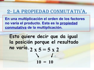 2- La propiedad conmutativa. En una multiplicación el orden de los factores no varía el producto. Esta es la  propiedad   conmutativa  de la multiplicación. Esto quiere decir que da igual la posición porque el resultado no varía. 2 x 5 = 5 x 2 10  =  10 