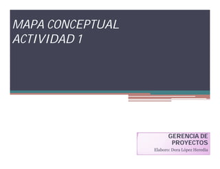 MAPA CONCEPTUAL
ACTIVIDAD 1
GERENCIA DE
PROYECTOS
Elaboro: Dora López Heredia
 