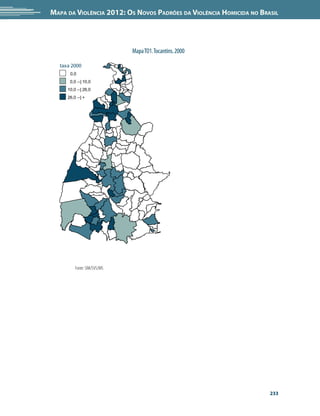 Mapa da Violência 2012: os noVos padrões da Violência HoMicida no Brasil




                             Mapa TO1. Tocantins. 2000

  taxa 2000
      0,0
      0,0 --| 10,0
     10,0 --| 26,0
     26,0 --| +




         Fonte: SIM/SVS/MS




                                                                     233
 
