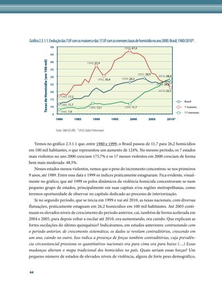 Gráfico 2.3.1.1. Evolução das 7 UF com as maiores e das 17 UF com as menores taxas de homicídio no ano 2000. Brasil, 1980/2010*.
                                            50                                                             1999; 47,4

                                            45
          Taxas de Homicídio (em 100 mil)



                                            40                              1990; 37,4

                                            35
                                                                                                                        2003; 28,9
                                            30                                                                                          2010; 28,4
                                                                                      1992; 30,4          1999; 26,2
                                            25                                                                                         2010; 26,2

                                            20                                                                                          2010; 22,1
                                                    1980; 17,2
                                            15
                                                                                                                                                       Brasil
                                                    1980; 11,7
                                            10                                1989; 12,1                   1999; 11,7                                  7 maiores
                                                    1980; 7,9                                                                                          17 menores
                                             5
                                                 1980            1985            1990              1995         2000            2005           2010*


                                                 Fonte: SIM/SVS/MS *2010: Dados Preliminares


    Vemos no gráfico 2.3.1.1 que, entre 1980 e 1999, o Brasil passou de 11,7 para 26,2 homicídios
em 100 mil habitantes, o que representou um aumento de 124%. No mesmo período, os 7 estados
mais violentos no ano 2000 cresciam 175,7% e os 17 menos violentos em 2000 cresciam de forma
bem mais moderada: 48,5%.
    Nesses estados menos violentos, vemos que o peso do incremento concentrou-se nos primeiros
9 anos, até 1989. Entre essa data e 1999 os índices praticamente estagnaram. Fica evidente, visual-
mente no gráfico, que até 1999 os polos dinâmicos da violência homicida concentravam-se num
pequeno grupo de estados, principalmente em suas capitais e/ou regiões metropolitanas, como
teremos oportunidade de observar no capítulo dedicado ao processo de interiorização.
    Já no segundo período, que se inicia em 1999 e vai até 2010, as taxas nacionais, com diversas
flutuações, praticamente estagnam em 26,2 homicídios em 100 mil habitantes. Até 2003 conti-
nuam os elevados níveis de crescimento do período anterior, cai, também de forma acelerada em
2004 e 2005, para depois voltar a oscilar até 2010, ora aumentando, ora caindo. Que explicam as
fortes oscilações do último quinquênio? Indicávamos, em estudos anteriores: contrastando com
o período anterior, de crescimento sistemático, os dados se revelam contraditórios, crescendo em
um ano, caindo no outro. Isso indica a presença de forças também contraditórias, cuja prevalên-
cia circunstancial pressiona os quantitativos nacionais ora para cima ora para baixo (....) Essas
mudanças alteram o mapa tradicional dos homicídios no país. Quais seriam essas forças? Um
pequeno número de estados de elevados níveis de violência, alguns de forte peso demográfico,


44
 
