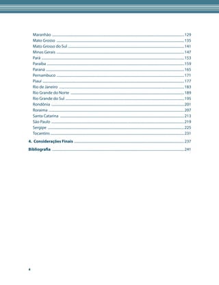 Maranhão ......................................................................................................................................................129
    Mato grosso .................................................................................................................................................135
    Mato grosso do sul ....................................................................................................................................141
    Minas gerais .................................................................................................................................................147
    pará ..................................................................................................................................................................153
    paraíba ............................................................................................................................................................159
    paraná .............................................................................................................................................................165
    pernambuco .................................................................................................................................................171
    piauí .................................................................................................................................................................177
    rio de Janeiro ..............................................................................................................................................183
    rio grande do norte .................................................................................................................................189
    rio grande do sul .......................................................................................................................................195
    rondônia .......................................................................................................................................................201
    roraima ..........................................................................................................................................................207
    santa Catarina .............................................................................................................................................213
    são paulo .......................................................................................................................................................219
    sergipe ...........................................................................................................................................................225
    tocantins ........................................................................................................................................................231
4. Considerações Finais .............................................................................................................................237
Bibliografia ......................................................................................................................................................241


	




4
 