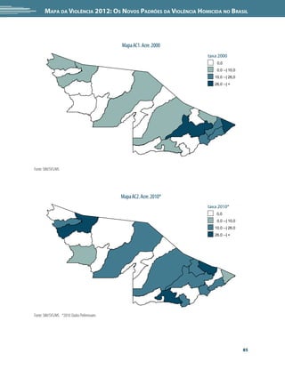 Mapa da Violência 2012: os noVos padrões da Violência HoMicida no Brasil




                                              Mapa AC1. Acre. 2000
                                                                      taxa 2000
                                                                          0,0
                                                                          0,0 --| 10,0
                                                                         10,0 --| 26,0
                                                                         26,0 --| +




Fonte: SIM/SVS/MS




                                              Mapa AC2. Acre. 2010*
                                                                      taxa 2010*
                                                                          0,0
                                                                          0,0 --| 10,0
                                                                         10,0 --| 26,0
                                                                         26,0 --| +




Fonte: SIM/SVS/MS *2010: Dados Preliminares




                                                                                         85
 